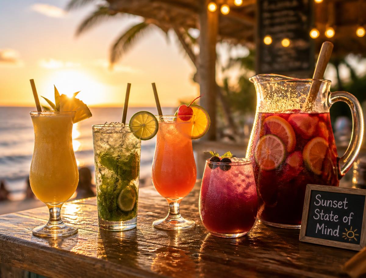 Cocktails coloridos e jarro de sangria num balcão de madeira ao pôr do sol
